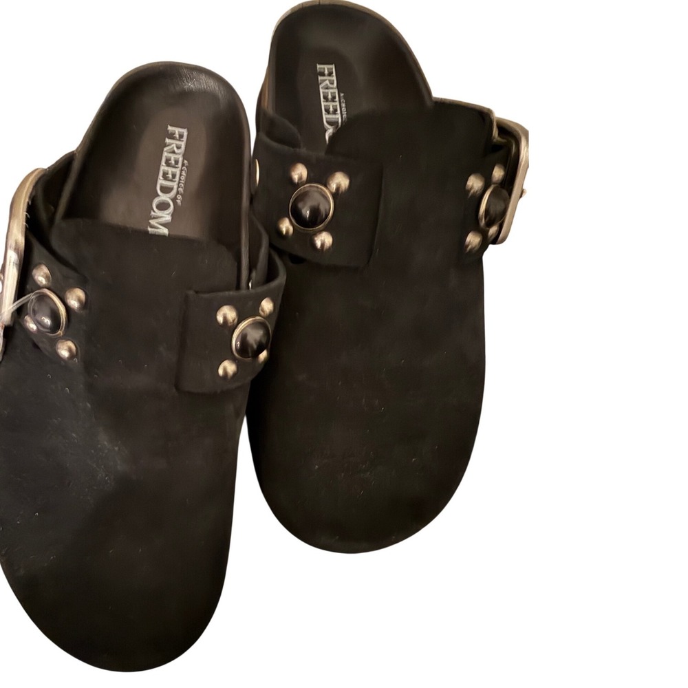 A Choice of Freedom Raya Black Studded Buckle Cork Clogs Mules Nero 36 New